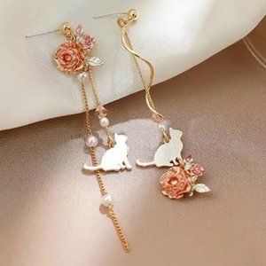 Cats & Roses earrings pearl dangle gold asymmetrical cat flower floral drop stud